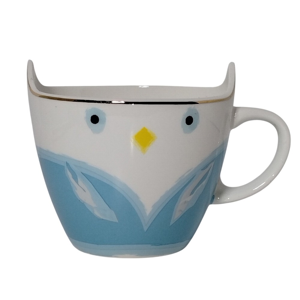 Urban Gourmet Owl‎ Mug Blue White Ceramic Coffee Cup Gold Rim Whimsical